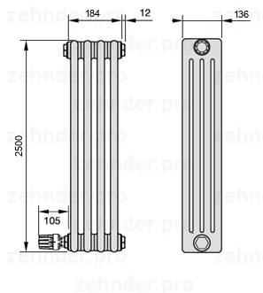 Схема (чертеж) Радиатор Zehnder Charleston 4250/4 №V004 Белый глянцевый RAL 9016